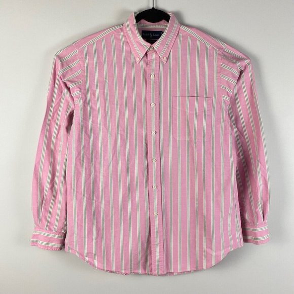 Ralph Lauren Button Down Shirt Long Sleeve Pink Stripe Cotton Classic Fit Large - Picture 1 of 9